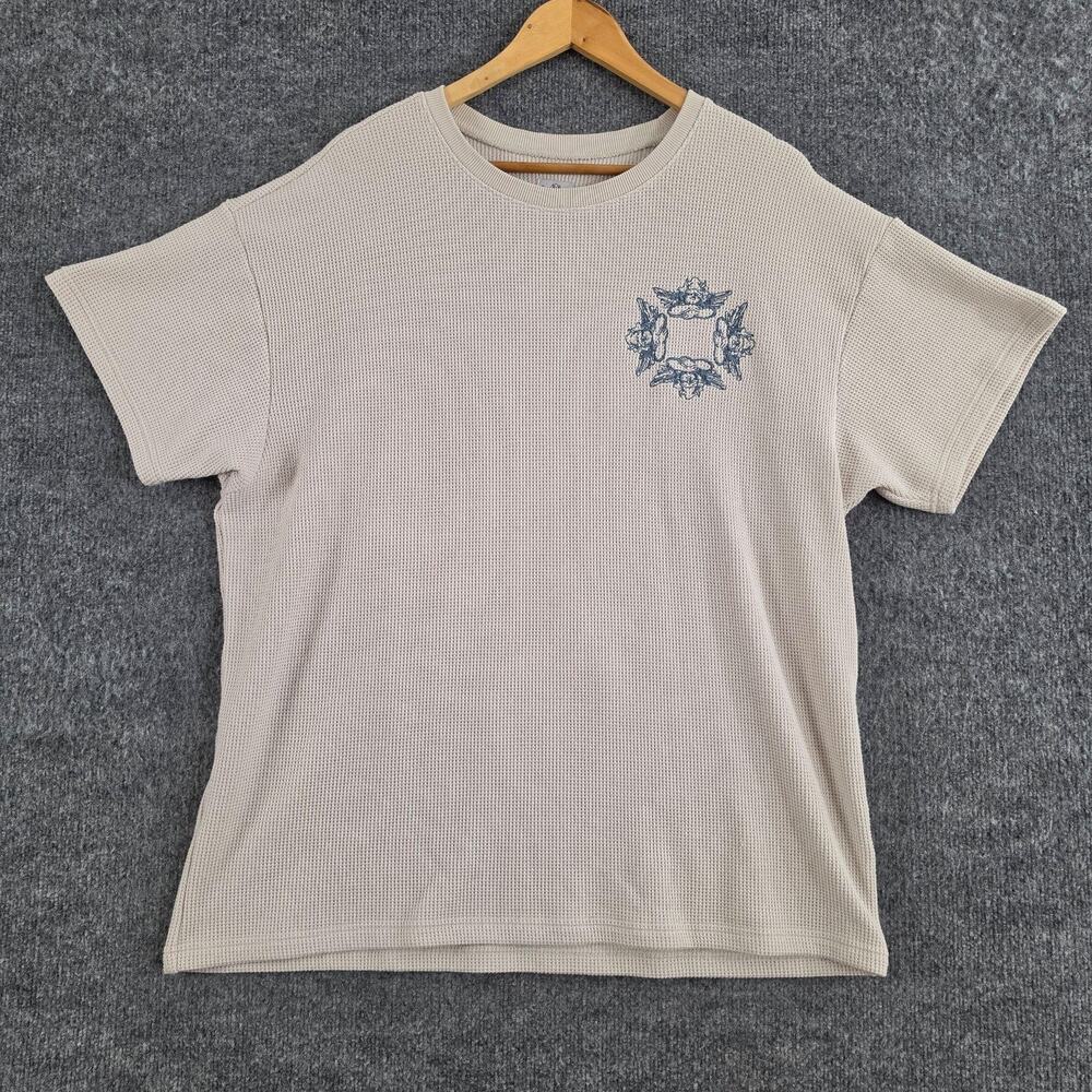 Boys Lie Shirt Womens OSO Oversized Faded Hearts Flowers Waffle Knit Beige Tee